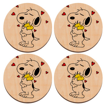 Snoopy Love, ΣΕΤ x4 Σουβέρ ξύλινα στρογγυλά plywood (9cm)