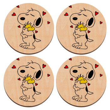 Snoopy Love, ΣΕΤ x4 Σουβέρ ξύλινα στρογγυλά plywood (9cm)