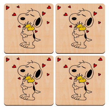 Snoopy Love, ΣΕΤ x4 Σουβέρ ξύλινα τετράγωνα plywood (9cm)