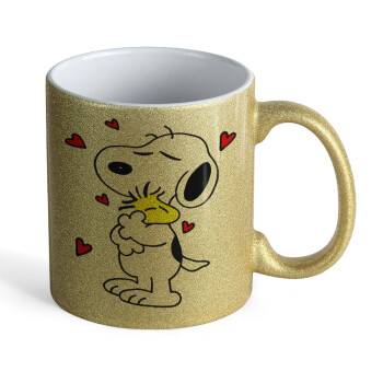 Snoopy Love, Κούπα Χρυσή Glitter που γυαλίζει, κεραμική, 330ml