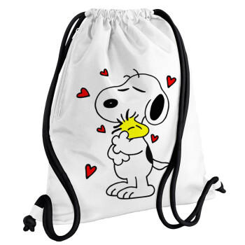 Snoopy Love, Τσάντα πλάτης πουγκί GYMBAG λευκή, με τσέπη (40x48cm) & χονδρά κορδόνια