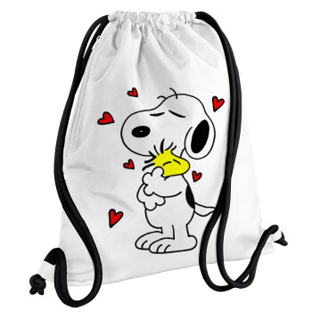Snoopy Love, Backpack pouch GYMBAG white, with pocket (40x48cm) & thick cords