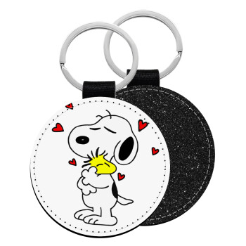 Snoopy Love, Μπρελόκ Δερματίνη, στρογγυλό ΜΑΥΡΟ (5cm)