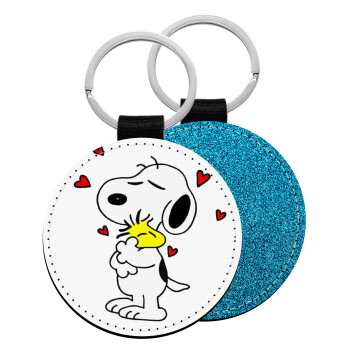 Snoopy Love, Μπρελόκ Δερματίνη, στρογγυλό ΜΠΛΕ (5cm)