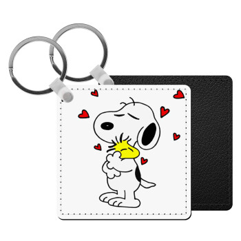 Snoopy Love, Μπρελόκ Δερματίνη, τετράγωνο ΜΑΥΡΟ (5x5cm)