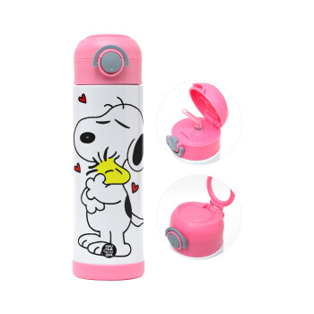 Snoopy Love, Παιδικό παγούρι θερμό, ανοξείδωτο, με καλαμάκι ασφαλείας, ΡΟΖ (500ml)