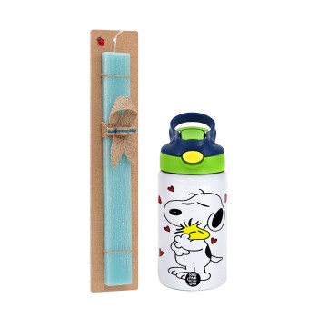 Snoopy Love, Easter Set, Children's thermal stainless steel bottle with safety straw, green/blue (350ml) & aromatic flat Easter candle (30cm) (TURQUOISE)