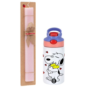 Snoopy Love, Πασχαλινό Σετ, Παιδικό παγούρι θερμό, ανοξείδωτο, με καλαμάκι ασφαλείας, ροζ/μωβ (350ml) & πασχαλινή λαμπάδα αρωματική πλακέ (30cm) (ΡΟΖ)