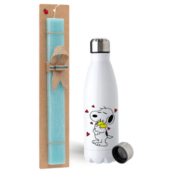 Snoopy Love, Easter Set, metallic stainless steel water bottle (750ml) & aromatic flat Easter candle (30cm) (TURQUOISE)