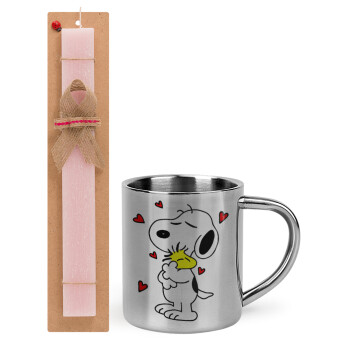 Snoopy Love, Πασχαλινό Σετ, μεταλλική κούπα θερμό (300ml) & πασχαλινή λαμπάδα αρωματική πλακέ (30cm) (ΡΟΖ)