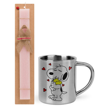 Snoopy Love, Easter Set, metallic thermal cup (300ml) & aromatic flat Easter candle (30cm) (PINK)