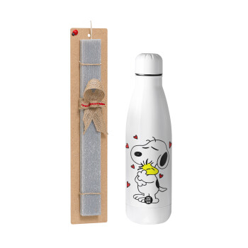 Snoopy Love, Πασχαλινό Σετ, μεταλλικό παγούρι θερμός ανοξείδωτο (500ml) & πασχαλινή λαμπάδα αρωματική πλακέ (30cm) (ΓΚΡΙ)