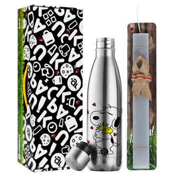 Snoopy Love, Easter Set, metallic stainless thermos flask (500ml) & scented flat Easter candle (30cm) (GRAY)
