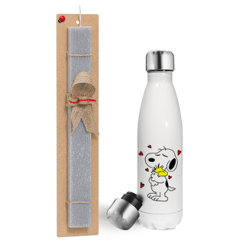 Snoopy Love, Πασχαλινή λαμπάδα, μεταλλικό παγούρι θερμός λευκός (500ml) & λαμπάδα αρωματική πλακέ (30cm) (ΓΚΡΙ)