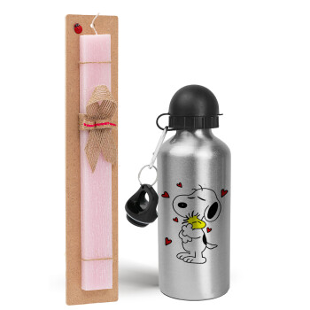 Snoopy Love, Πασχαλινό Σετ, παγούρι μεταλλικό Ασημένιο αλουμινίου (500ml) & πασχαλινή λαμπάδα αρωματική πλακέ (30cm) (ΡΟΖ)