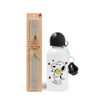 Snoopy Love, Πασχαλινό Σετ, παγούρι μεταλλικό  αλουμινίου (500ml) & πασχαλινή λαμπάδα αρωματική πλακέ (30cm) (ΓΚΡΙ)