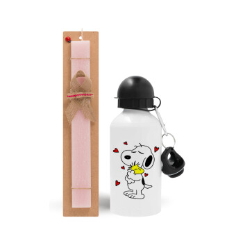 Snoopy Love, Πασχαλινό Σετ, παγούρι μεταλλικό αλουμινίου (500ml) & πασχαλινή λαμπάδα αρωματική πλακέ (30cm) (ΡΟΖ)