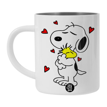 Snoopy Love, Λευκή Ανοξείδωτη Μεταλλική Κούπα 450ml - Διπλού Τοιχώματος 