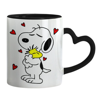 Snoopy Love, Κούπα καρδιά χερούλι μαύρη, κεραμική, 330ml