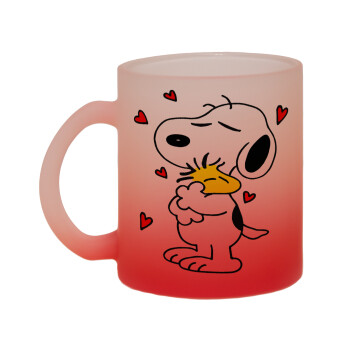 Snoopy Love, Κούπα γυάλινη δίχρωμη με βάση το κόκκινο ματ, 330ml