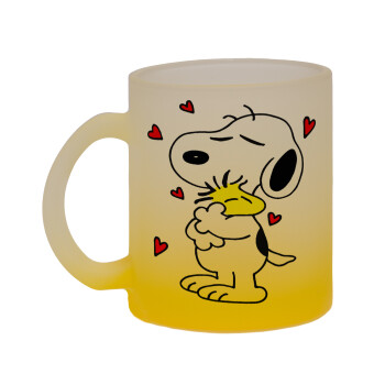 Snoopy Love, Κούπα γυάλινη δίχρωμη με βάση το κίτρινο ματ, 330ml