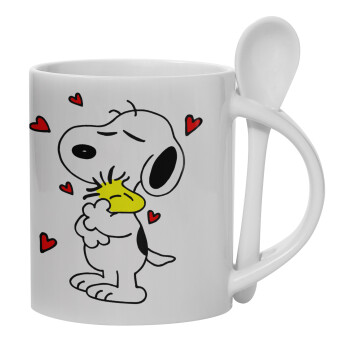 Snoopy Love, Ceramic coffee mug with Spoon, 330ml (1pcs)