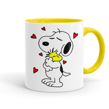 Snoopy Love, Κούπα χρωματιστή κίτρινη, κεραμική, 330ml