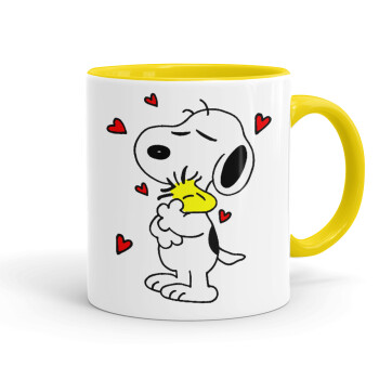 Snoopy Love, Κούπα χρωματιστή κίτρινη, κεραμική, 330ml
