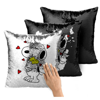 Snoopy Love, Μαξιλάρι καναπέ Μαγικό Μαύρο με πούλιες 40x40cm περιέχεται το γέμισμα