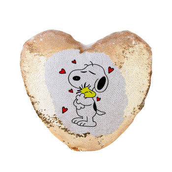 Snoopy Love, Μαξιλάρι καναπέ καρδιά Μαγικό Χρυσό με πούλιες 40x40cm περιέχεται το  γέμισμα