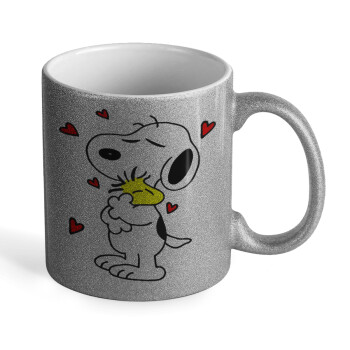 Snoopy Love, Κούπα Ασημένια Glitter που γυαλίζει, κεραμική, 330ml