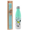 Easter Set, Metallic green/white thermos (Stainless steel), double-walled, 500ml & scented flat Easter candle (30cm) (TURQUOISE)