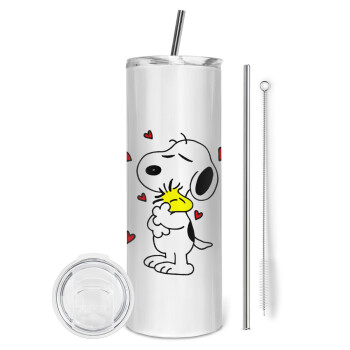Snoopy Love, Eco friendly ποτήρι θερμό (tumbler) από ανοξείδωτο ατσάλι 600ml, με μεταλλικό καλαμάκι & βούρτσα καθαρισμού