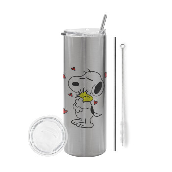 Snoopy Love, Eco friendly ποτήρι θερμό Ασημένιο (tumbler) από ανοξείδωτο ατσάλι 600ml, με μεταλλικό καλαμάκι & βούρτσα καθαρισμού