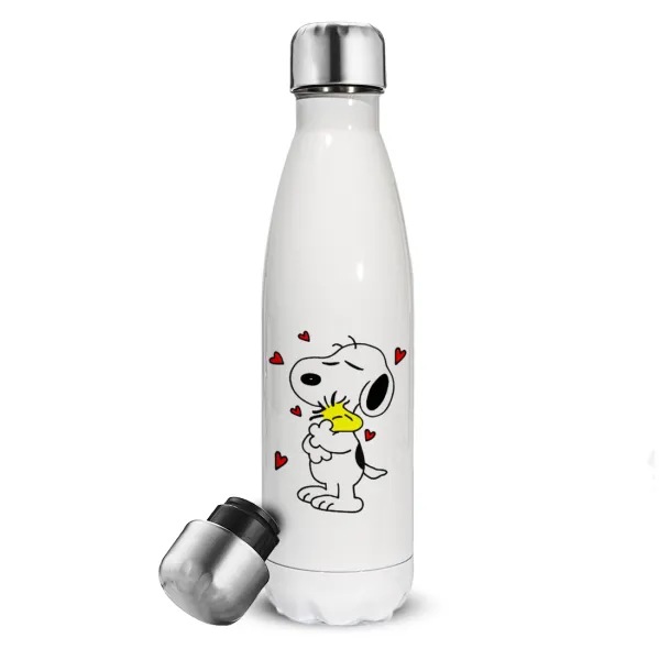 Snoopy Love — Μεταλλικό παγούρι θερμός Λευκό (Stainless steel), διπλού τοιχώματος, 500ml