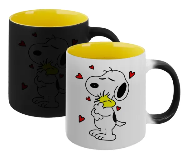 Snoopy Love — Κούπα Μαγική εσωτερικό κίτρινη, κεραμική 330ml που αλλάζει χρώμα με το ζεστό ρόφημα