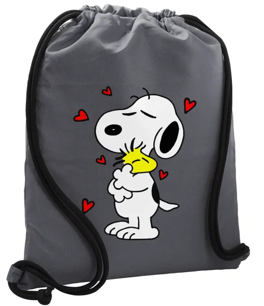 Snoopy Love — Τσάντα πλάτης πουγκί GYMBAG ΓΚΡΙ, με τσέπη (40x48cm) & χονδρά κορδόνια