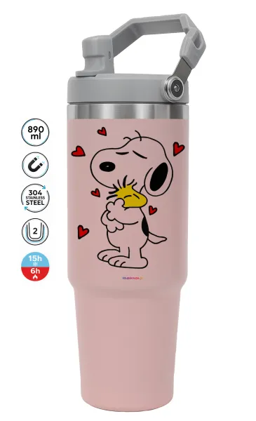 Snoopy Love — ΡΟΖ Travel Tumbler Θερμός με χερούλι και καλαμάκι 890ml