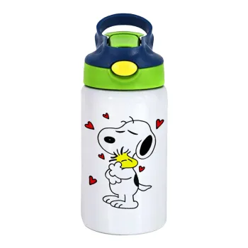 Snoopy Love, Παιδικό παγούρι θερμό, ανοξείδωτο, με καλαμάκι ασφαλείας, πράσινο/μπλε (350ml)