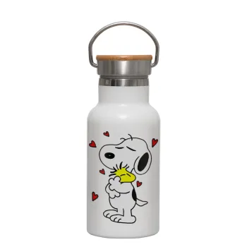 Snoopy Love, Metallic thermos (Stainless steel) White with wooden lid (bamboo), double-walled, 350ml