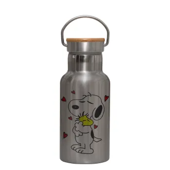 Snoopy Love, Μεταλλικό παγούρι θερμός (Stainless steel) Ασημένιο με ξύλινο καπακι (bamboo), διπλού τοιχώματος, 350ml