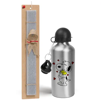 Snoopy Love, Easter Set, metallic silver aluminum water bottle (500ml) & aromatic flat Easter candle (30cm) (GRAY)