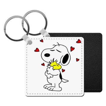 Snoopy Love, Μπρελόκ Δερματίνη, τετράγωνο ΜΑΥΡΟ (5x5cm)