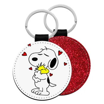 Snoopy Love, Μπρελόκ Δερματίνη, στρογγυλό ΚΟΚΚΙΝΟ (5cm)
