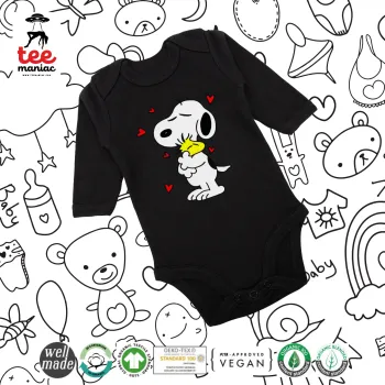 Snoopy Love, Μακρυμάνικο βρεφικό φορμάκι, 0-18 μηνών, ΜΑΥΡΟ, 100% Organic Cotton