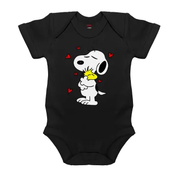Snoopy Love, Βρεφικό φορμάκι μωρού, 0-18 μηνών, ΜΑΥΡΟ, 100% Organic Cotton, κοντομάνικο