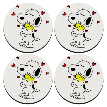 Snoopy Love, ΣΕΤ 4 Σουβέρ ξύλινα στρογγυλά (9cm)