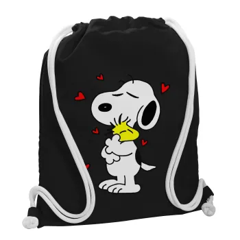 Snoopy Love, Backpack pouch GYMBAG Black, with pocket (40x48cm) & thick white cords