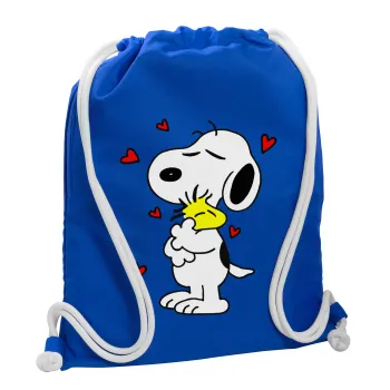 Snoopy Love, Backpack pouch GYMBAG Blue, with pocket (40x48cm) & thick cords