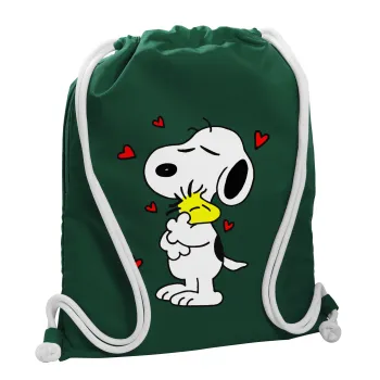 Snoopy Love, Backpack pouch GYMBAG BOTTLE GREEN, with pocket (40x48cm) & thick white cords